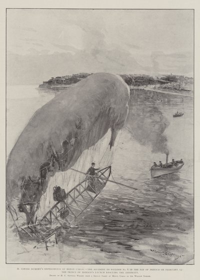 Experimentos de M Santos Dumont en Monte Carlo, el accidente del globo No 6 en la bahía de Mónaco el 14 de febrero, el lanzamiento del Príncipe de Mónaco rescatando al aeronauta de Henry Charles Seppings Wright